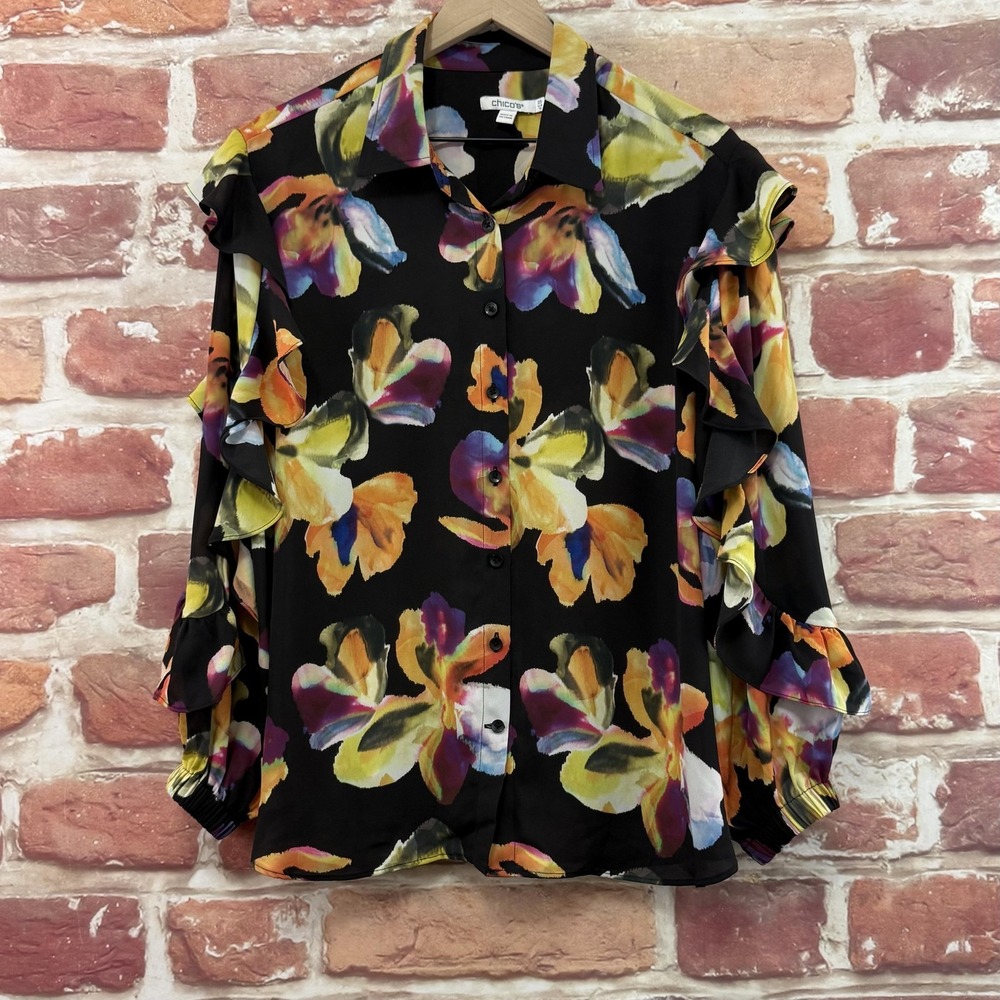 Chico's Top Women's 14 Black Watercolor Floral Ruffle Peasant Sleeve Shirt